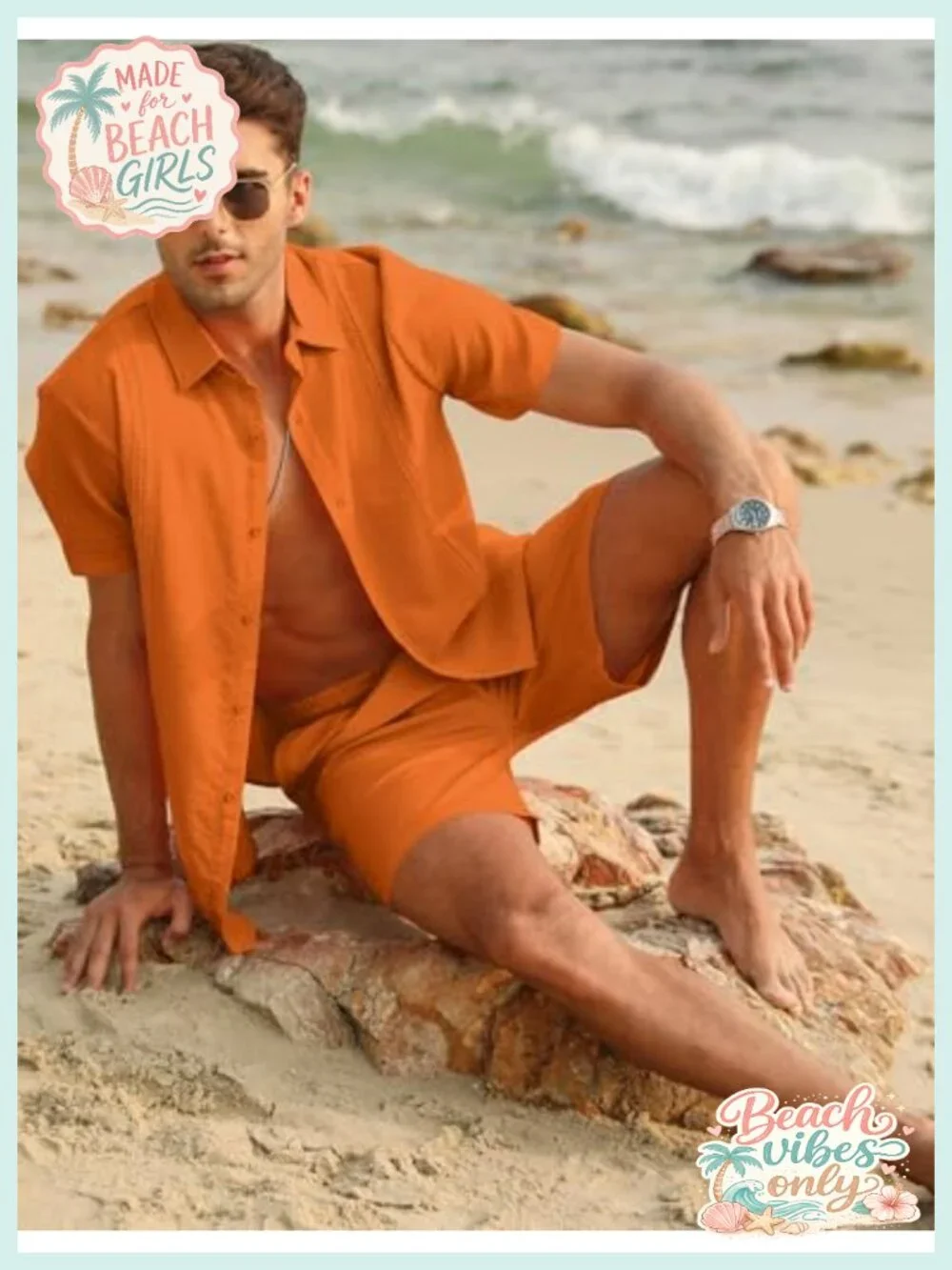 Men's 2 Piece Linen Short Set Button Down Cuban Guayabera Shirt and Shorts